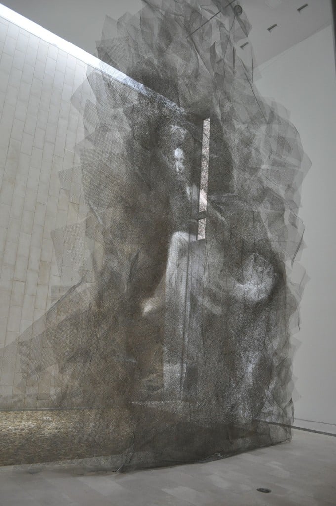 The Waterfall and Seongmo Park's Maya 942, 2014 stainless steel, whire mesh, L155xW18xH276 inches