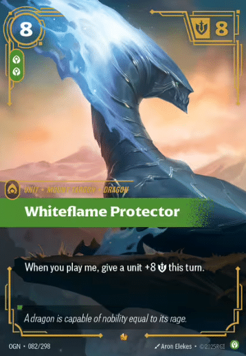 At first glance, Whiteflame Protector’s silhouette feels both serene and predatory—an elemental dragon born of molten rock and cascading ice