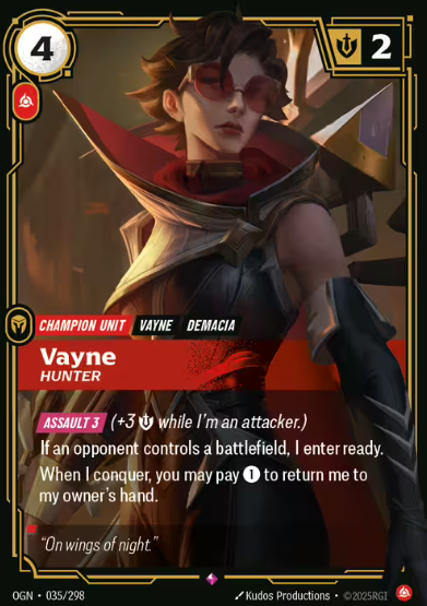 The first thing that grabs you about Vayne is her gaze—cool, detached, and razor-sharp behind those red-tinted goggles.