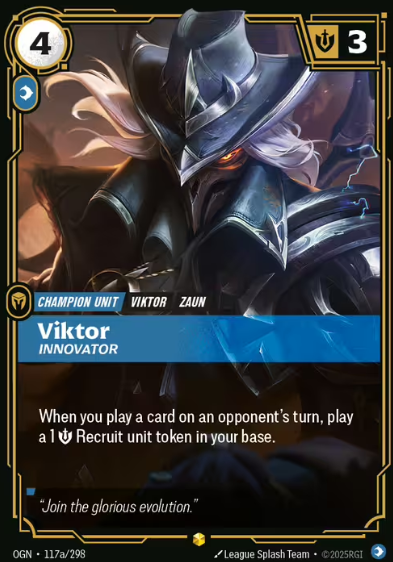 The first thing you notice about this alt-art Viktor from Riftbound TCG is the silence.