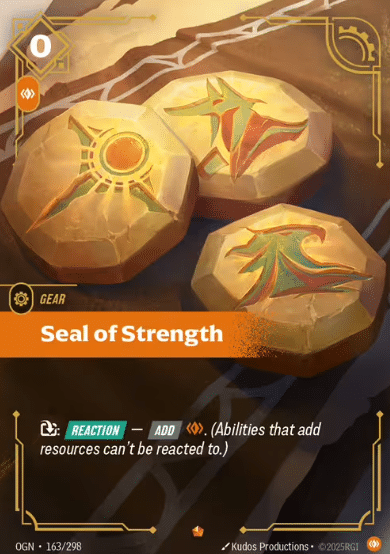 The art of Seal of Strength from Riftbound TCG doesn’t shout. It hums. Warm, golden tones bathe the scene in a calm, almost sacred light,