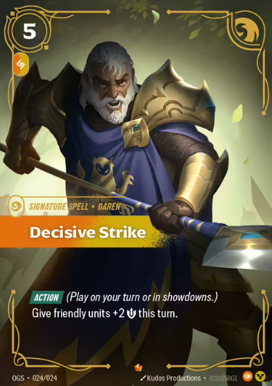 The moment you look at Decisive Strike, you don’t see action—you see intent. Garen’s not swinging. He’s standing firm,