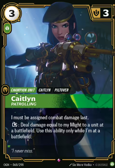 Caitlyn doesn’t enter the frame. She takes aim inside it. The moment your eyes land on her, the rest of the card disappears.