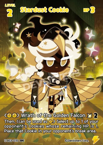 Stardust Cookie from Cookie Run TCG is celestial beauty turned into cardboard.
With wings of gold, hair of